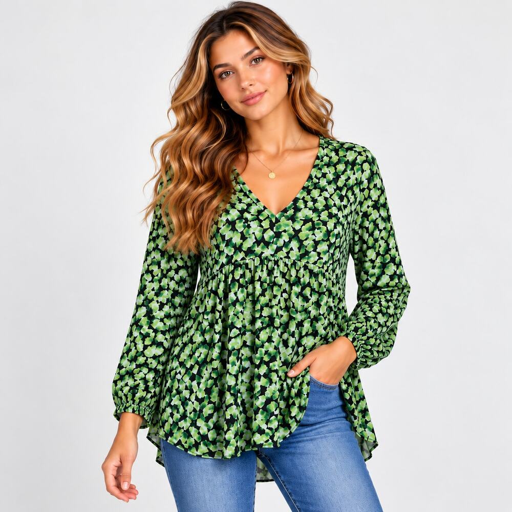 Susan Graver Liquid Knit Blouse Women's Size 1X Green Geometric Office Casual